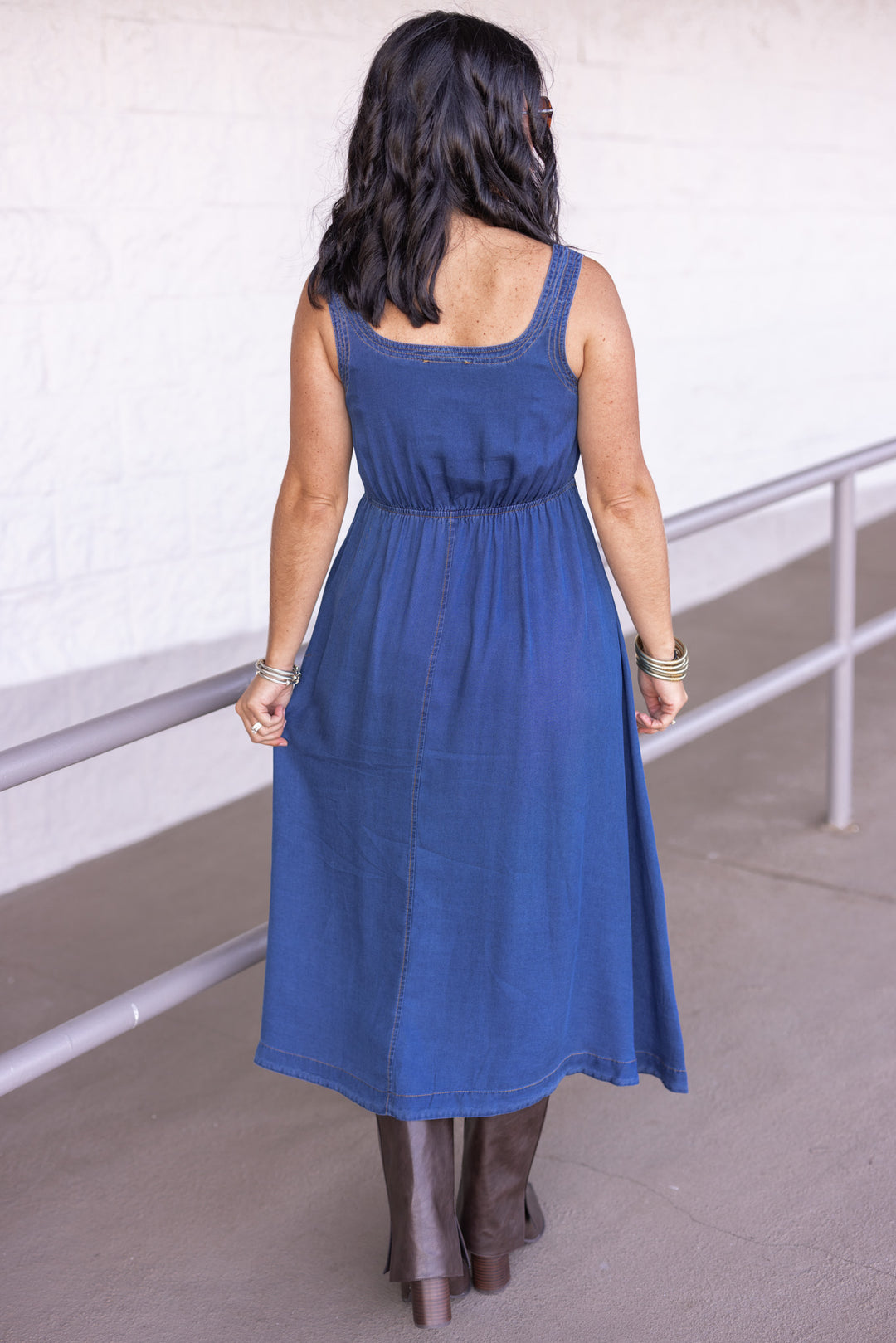 Women's dark blue washed denim chambray midi dress with zip front bodice by Blu Pepper showing full back view