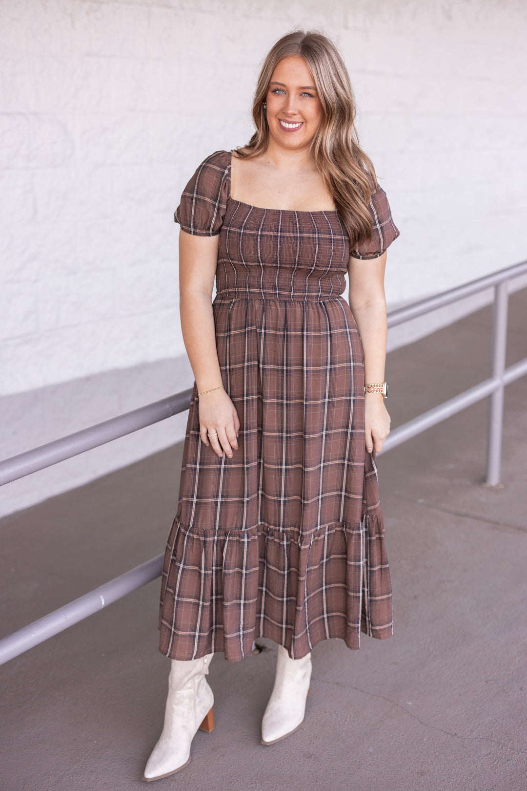 Women's brown plaid midi dress with smocked bodice by Blu Pepper