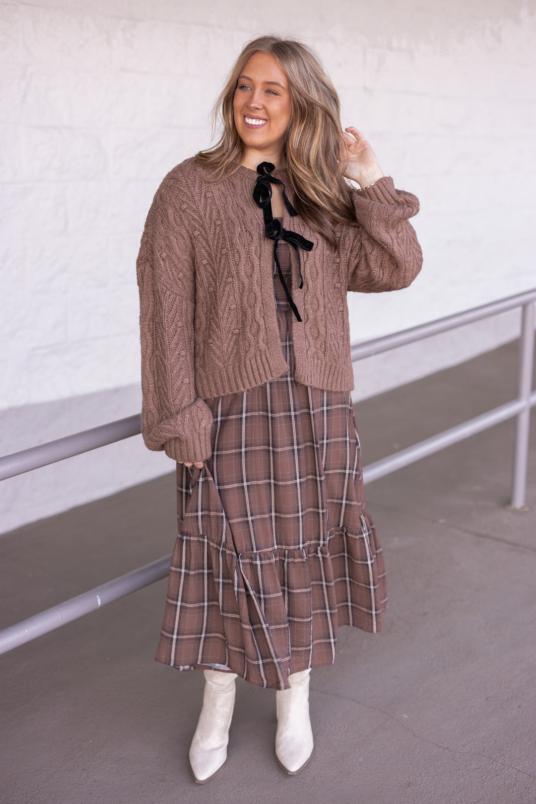 Women's brown plaid midi dress with smocked bodice by Blu Pepper, perfect for family pictures