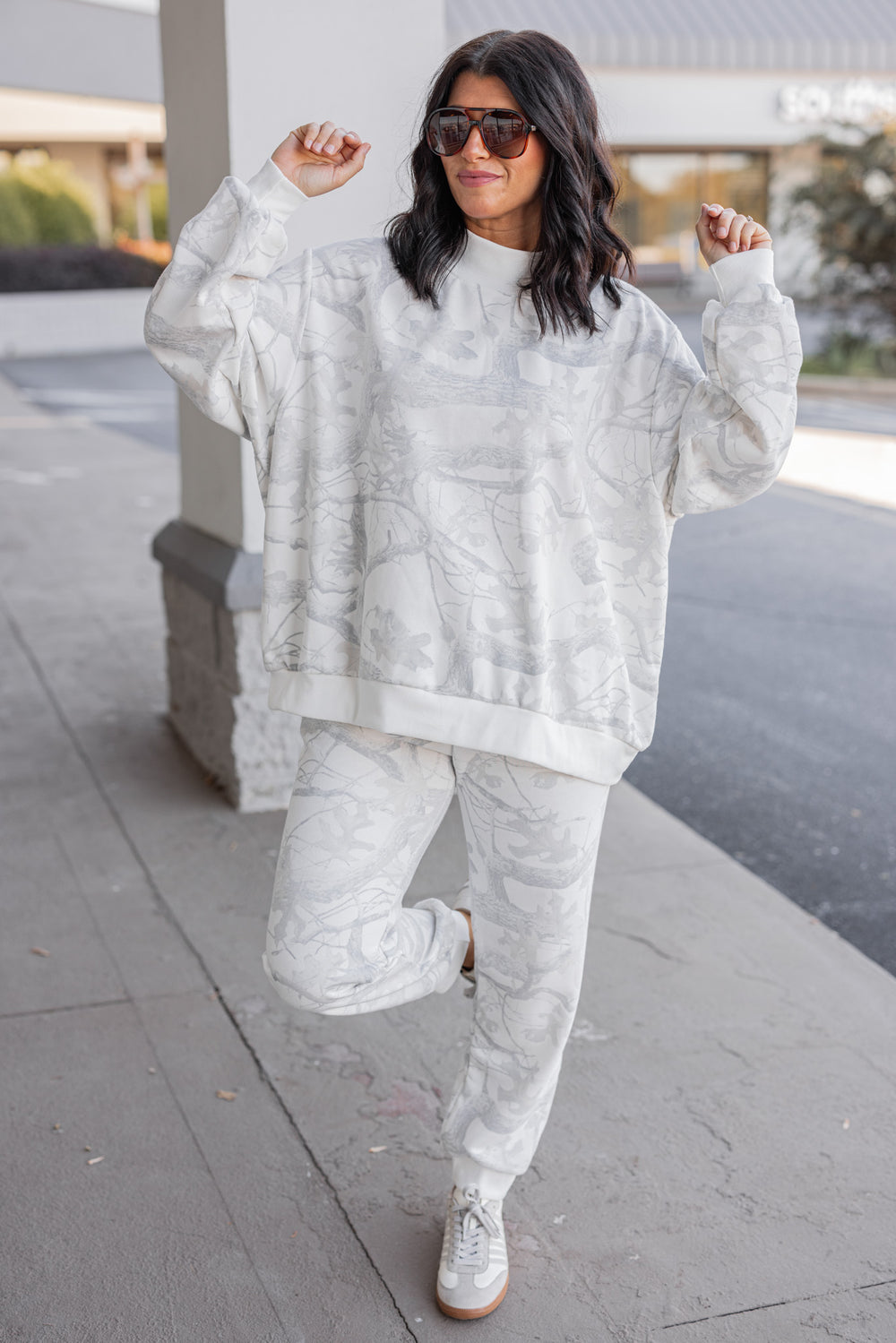 Women's trendy grey snow camo oversized sweatshirt by BucketList