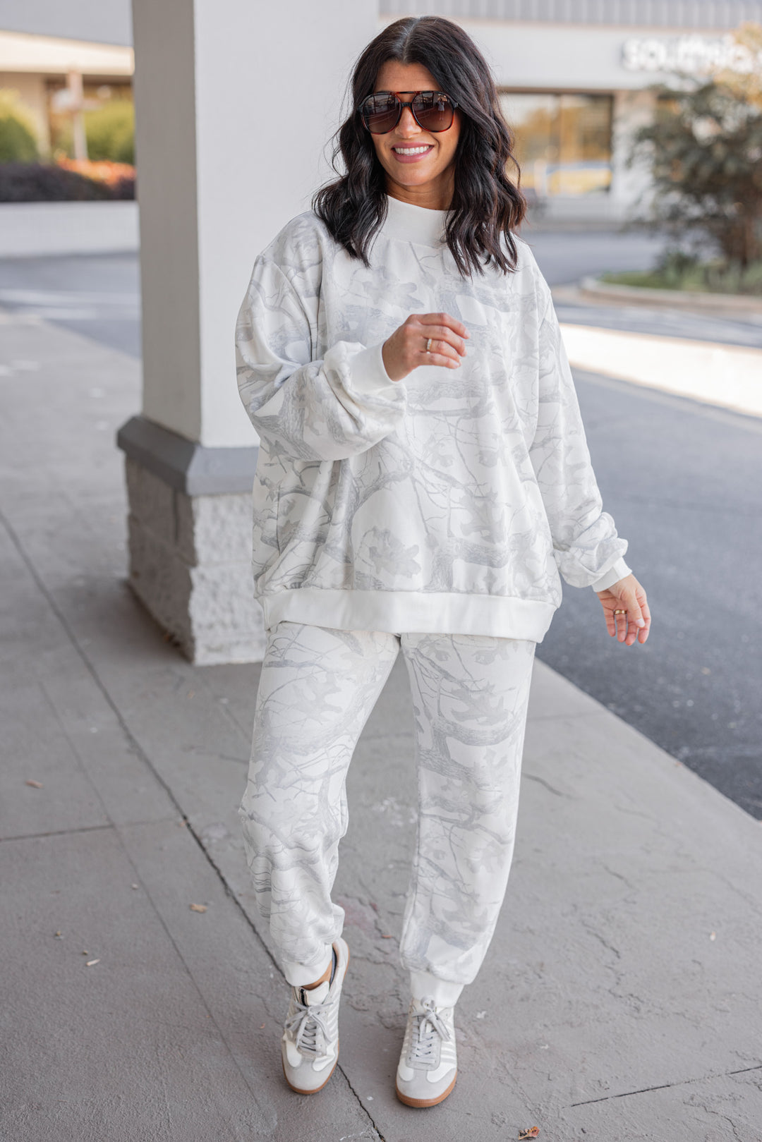 Women's grey snow camo joggers by BucketList, perfect for cooler weather