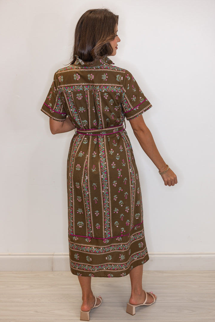 Women's brown olive midi dress with floral trellis print and burgundy trim by Entro, showing full back view