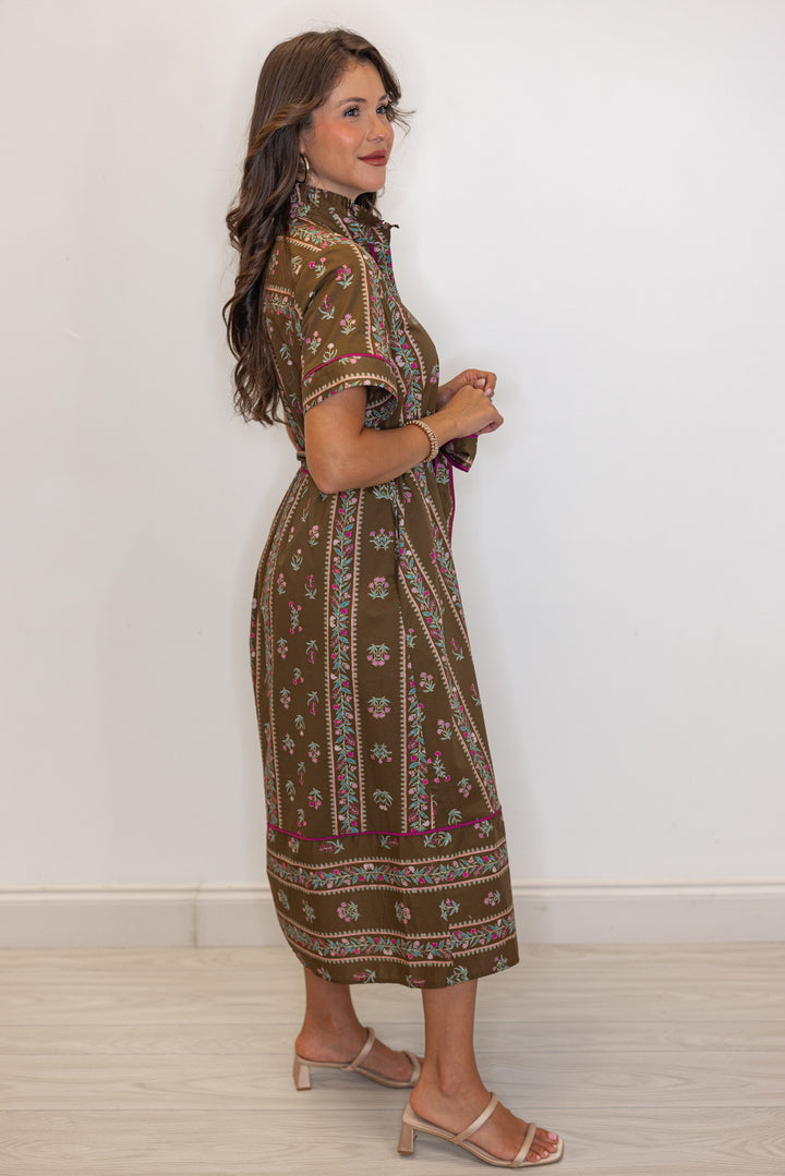 Women's brown olive midi dress with floral trellis print and burgundy trim by Entro showing full side view
