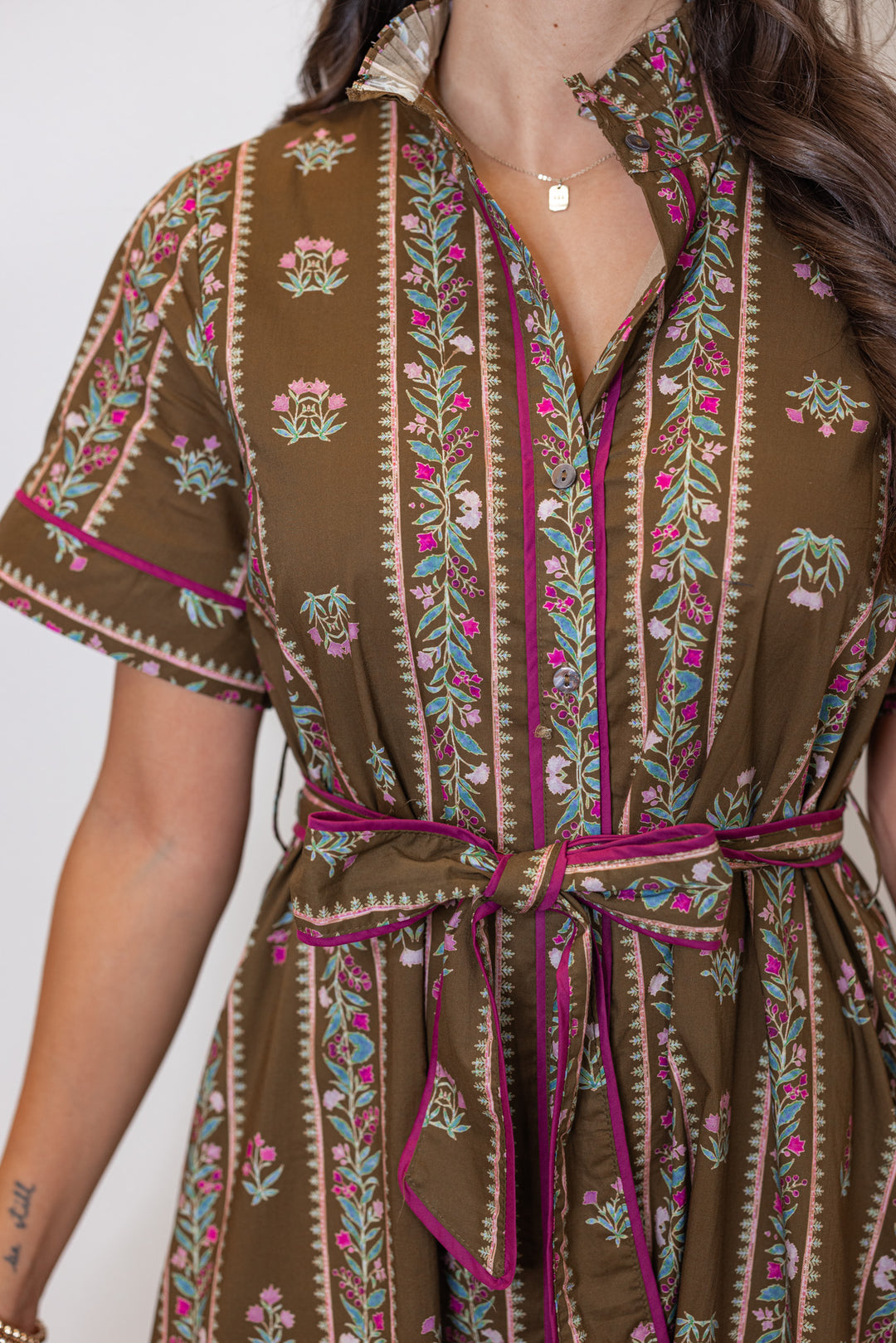 Women's brown olive midi dress with floral trellis print and burgundy trim by Entro showing up close front view