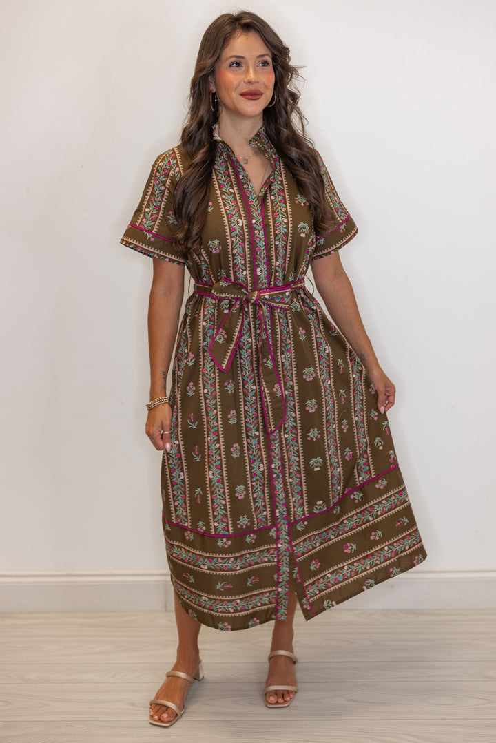 Women's brown olive midi dress with floral trellis print and burgundy trim by Entro