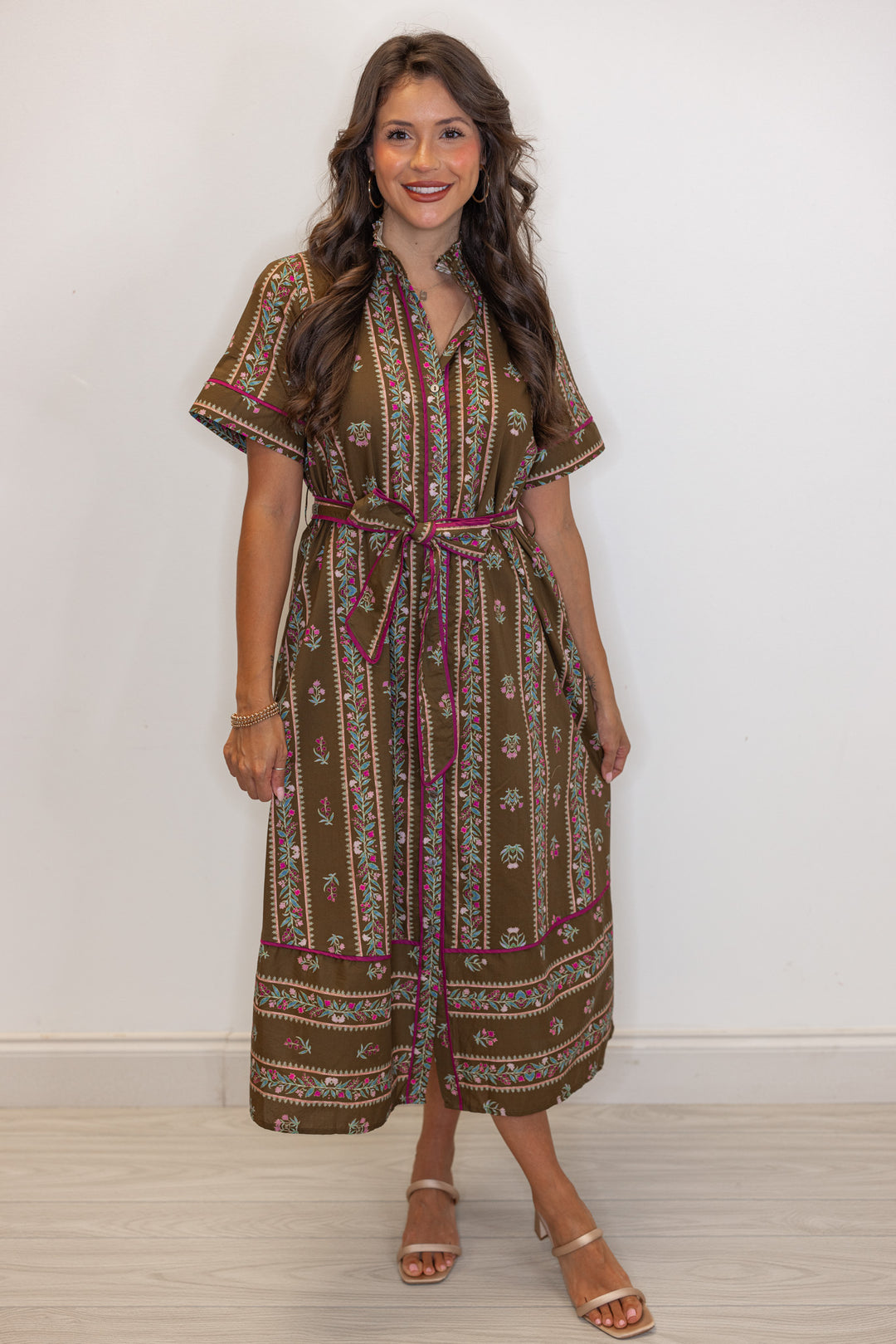 Women's trendy brown olive midi dress with floral trellis print and burgundy trim by Entro, perfect for church