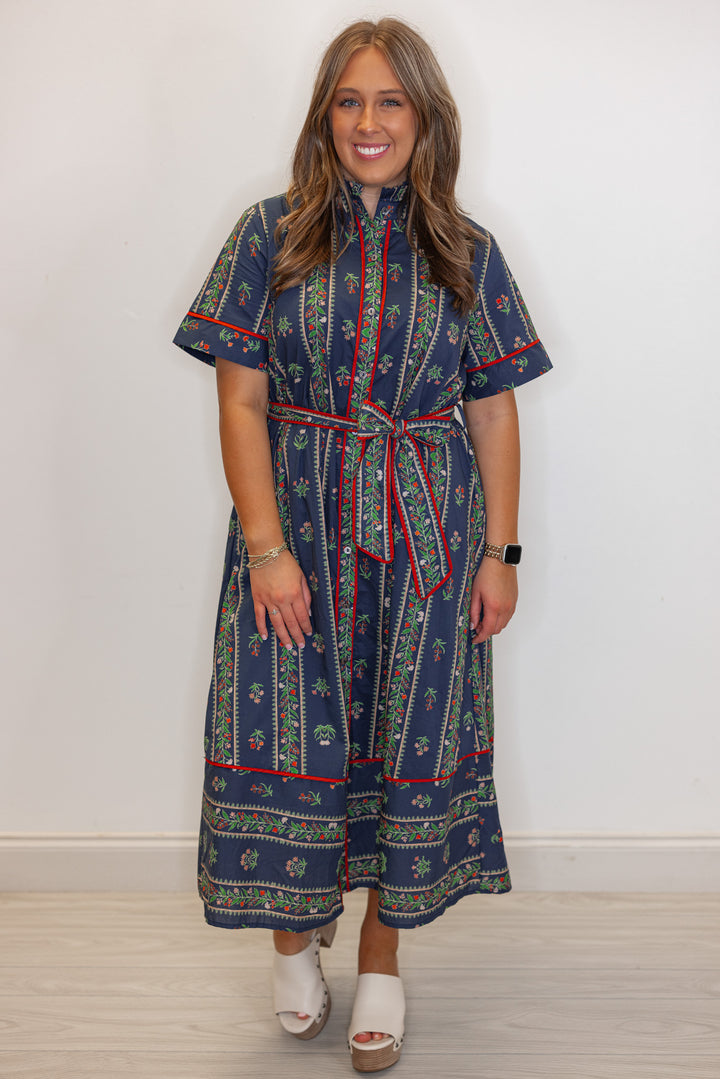 Women's navy blue button front midi dress with floral trellis print and red trim by Entro