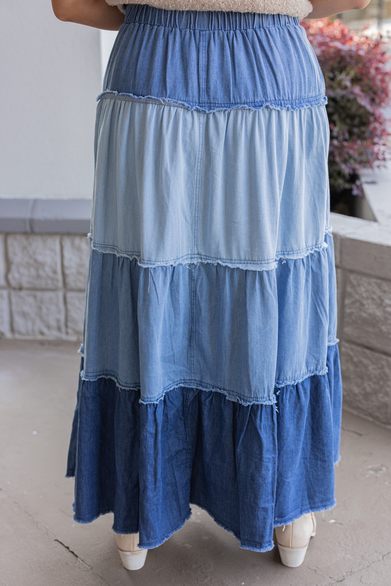 Women's Ruffle Tiered Multi Blue Denim Skirt – Purple Door Boutique
