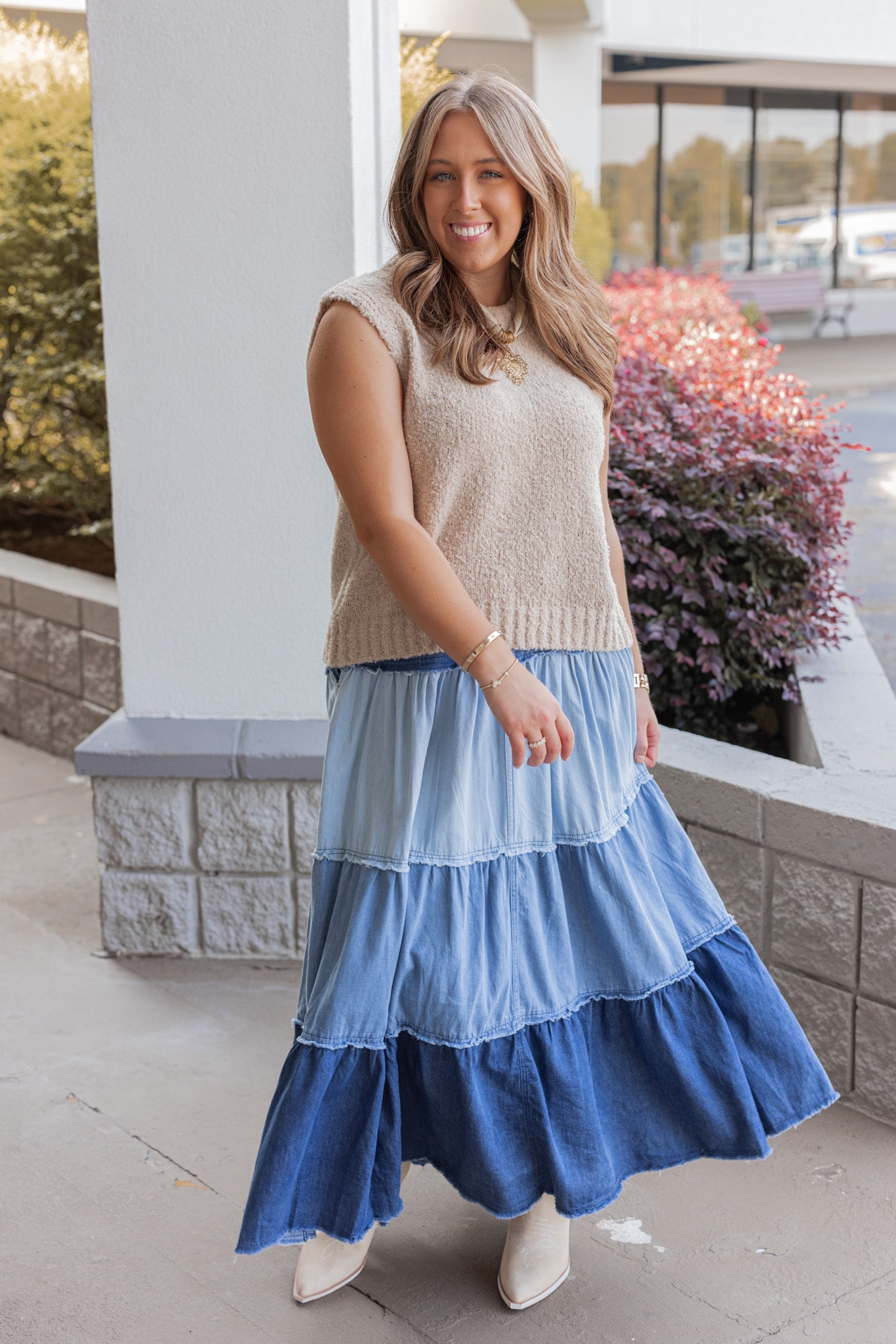 Women's Ruffle Tiered Multi Blue Denim Skirt – Purple Door Boutique