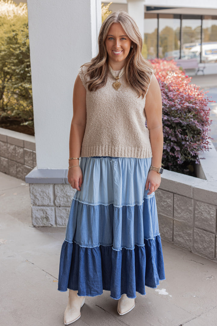 Women's ruffle tiered denim maxi skirt in multi shades of blue by Easel