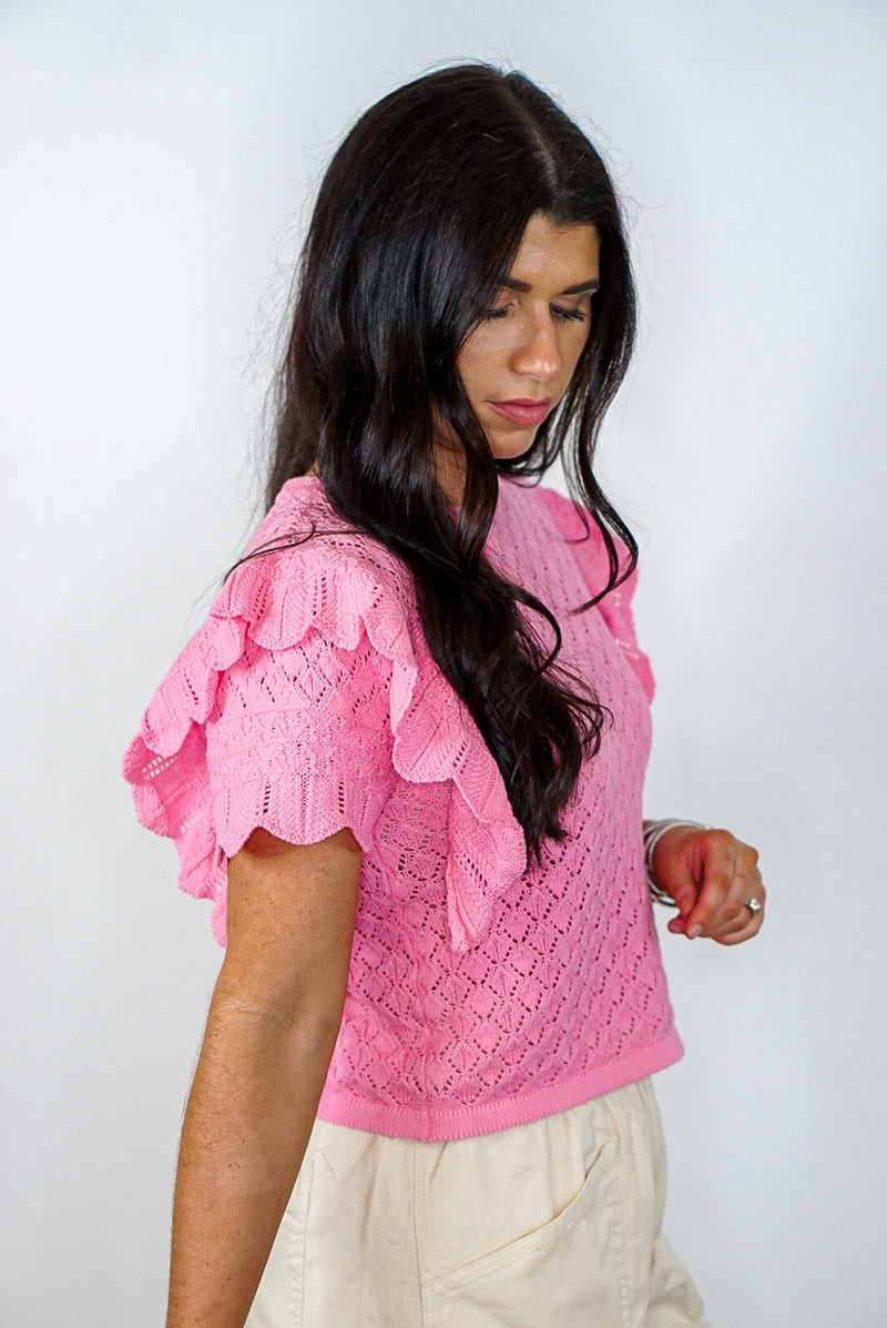 pink spring crochet knit sweater top