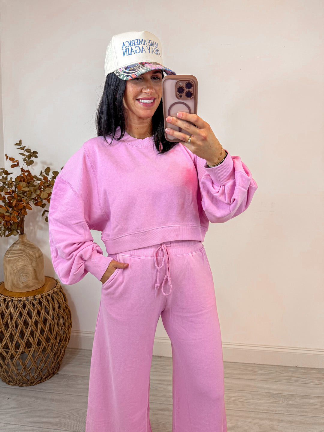 pink cropped sweatshirt matching set