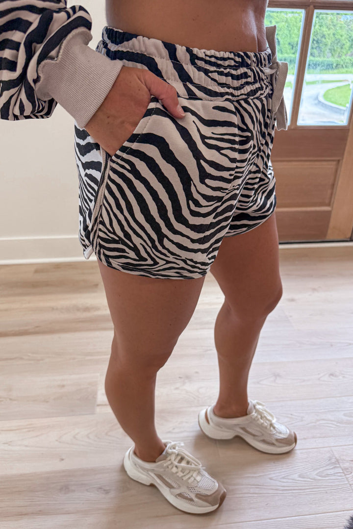 zebra print Terry knit lounge shorts with pockets