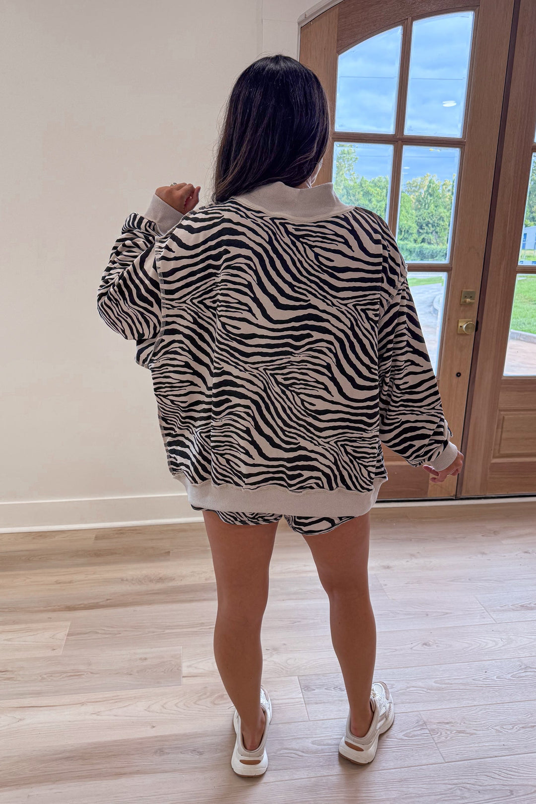 zebra print oversized mock neck pullover back view