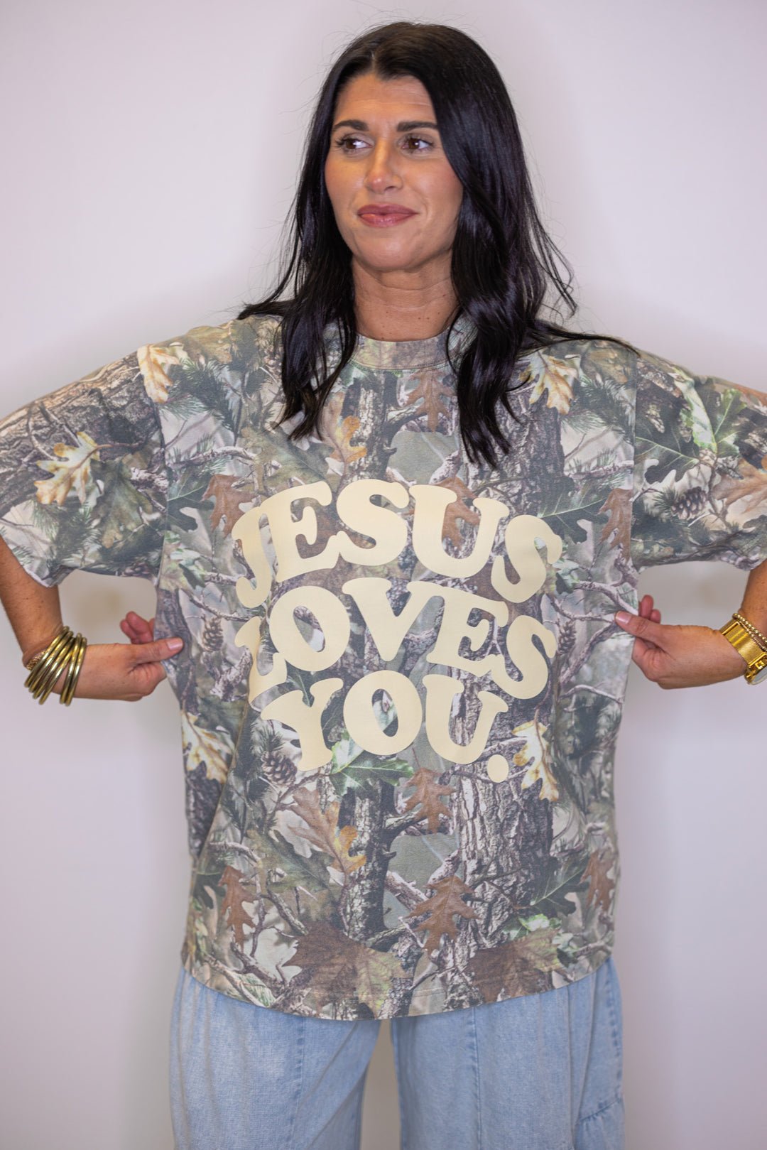 Jesus Loves You women's oversized green camouflage t-shirt 