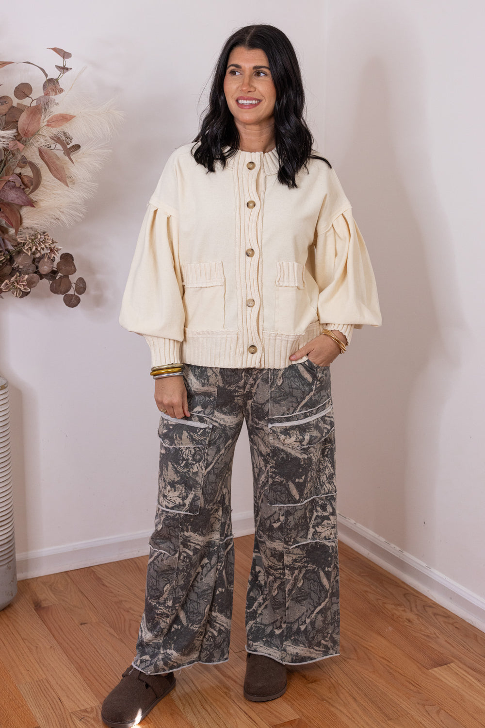 Women's ecru terry knit button front cardigan with textured ribbed knit trim by Entro, perfect for casual or dressy outfits