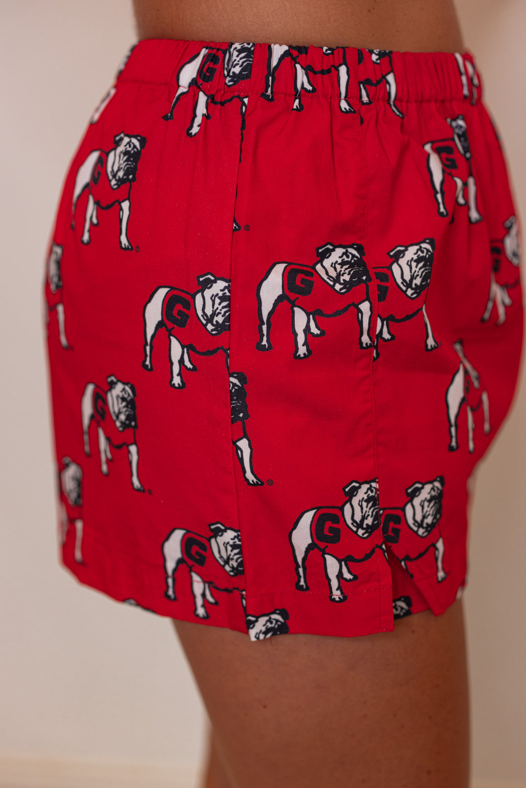 Womens red Bulldogs poplin skort by Stewart Simmons showing up close side view