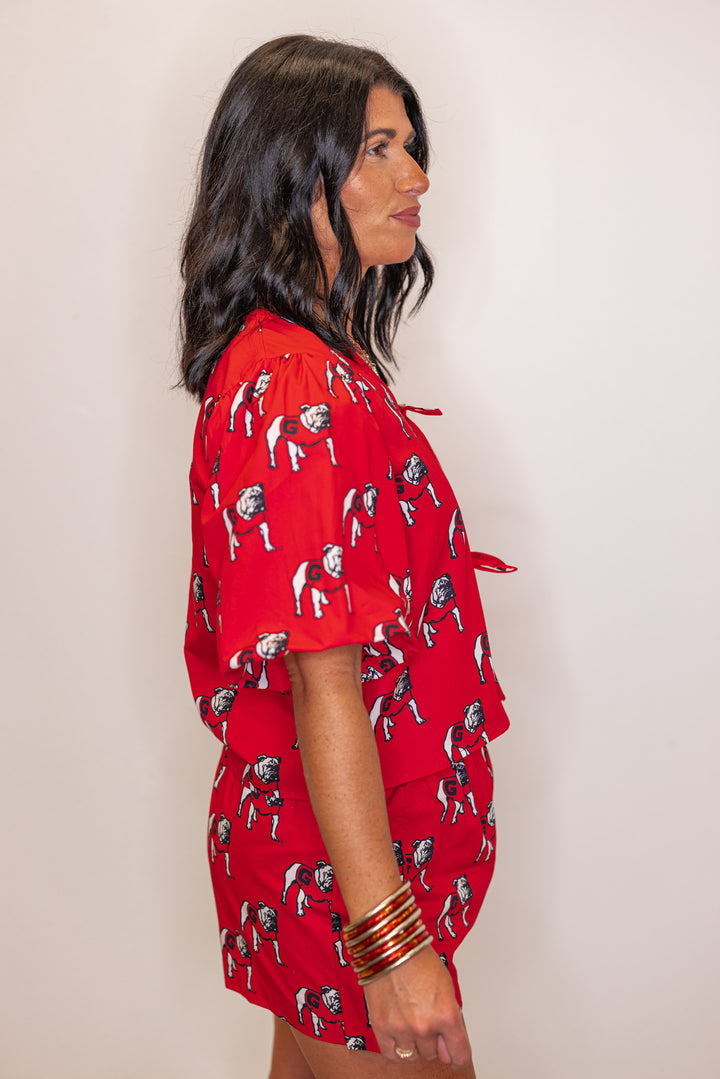 Women's red Bulldogs poplin top by Stewart Simmons showing up close side view