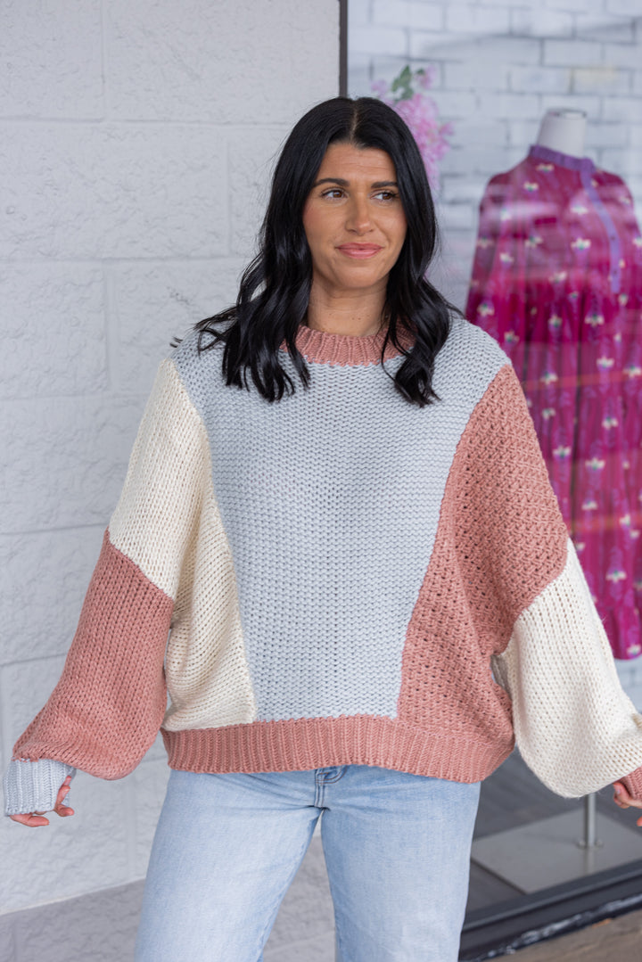 Women's dusty rose and light blue knit colorblock sweater by Wishlist