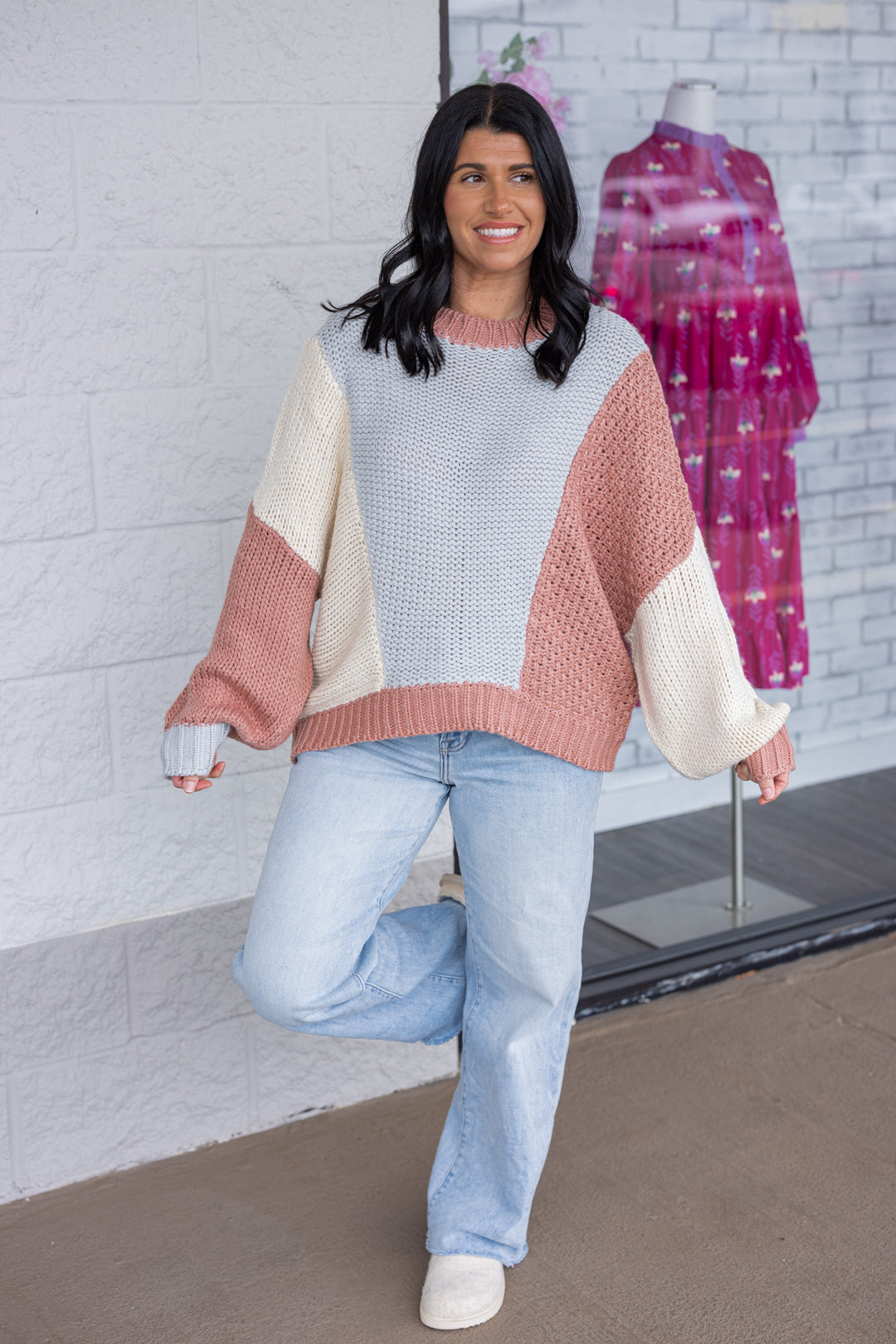 Women's dusty rose and light blue knit colorblock sweater by Wishlist, perfect for casual winter outfits