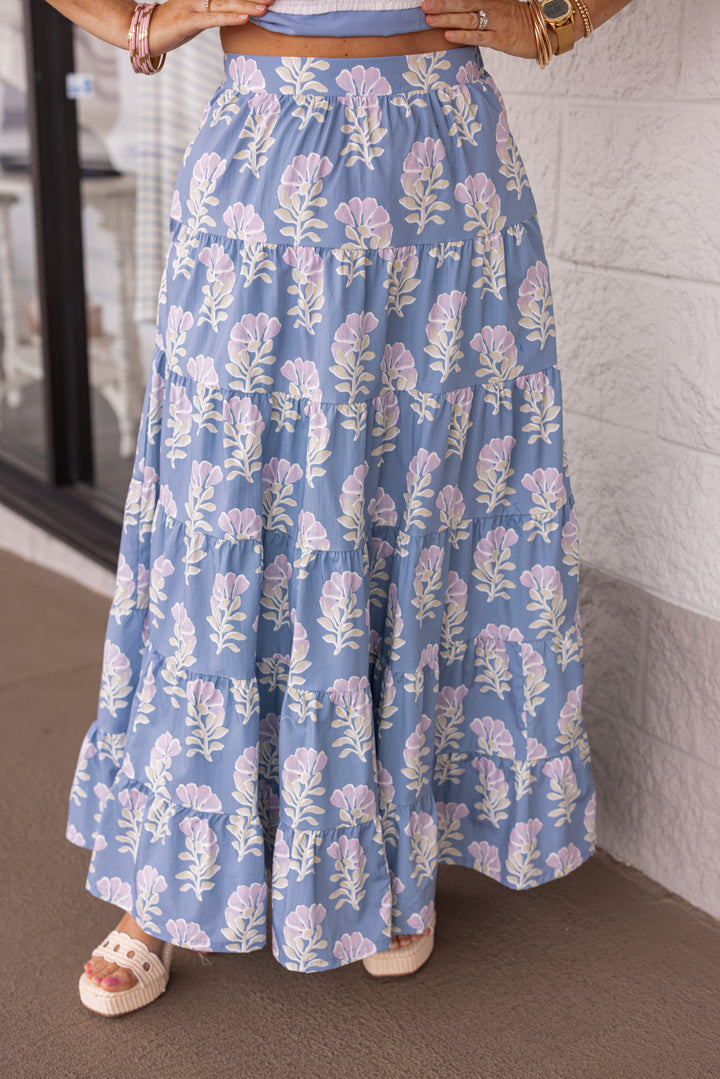 blue floral tiered flowy fit maxi skirt