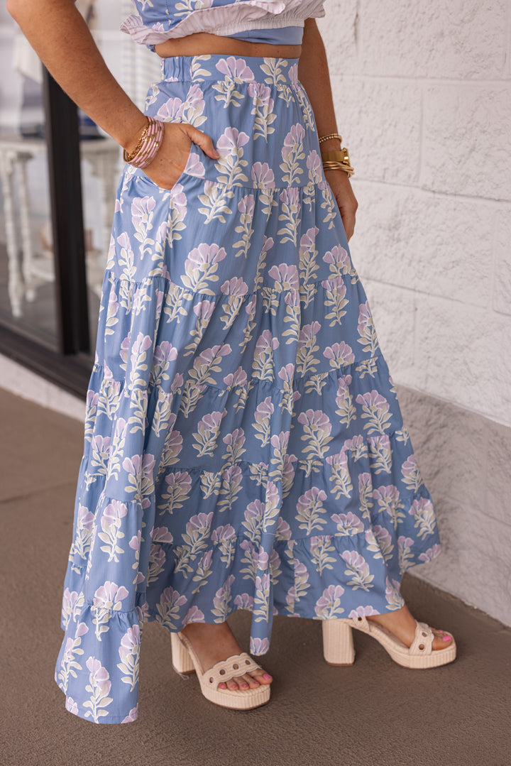 blue floral tiered maxi skirt with pockets