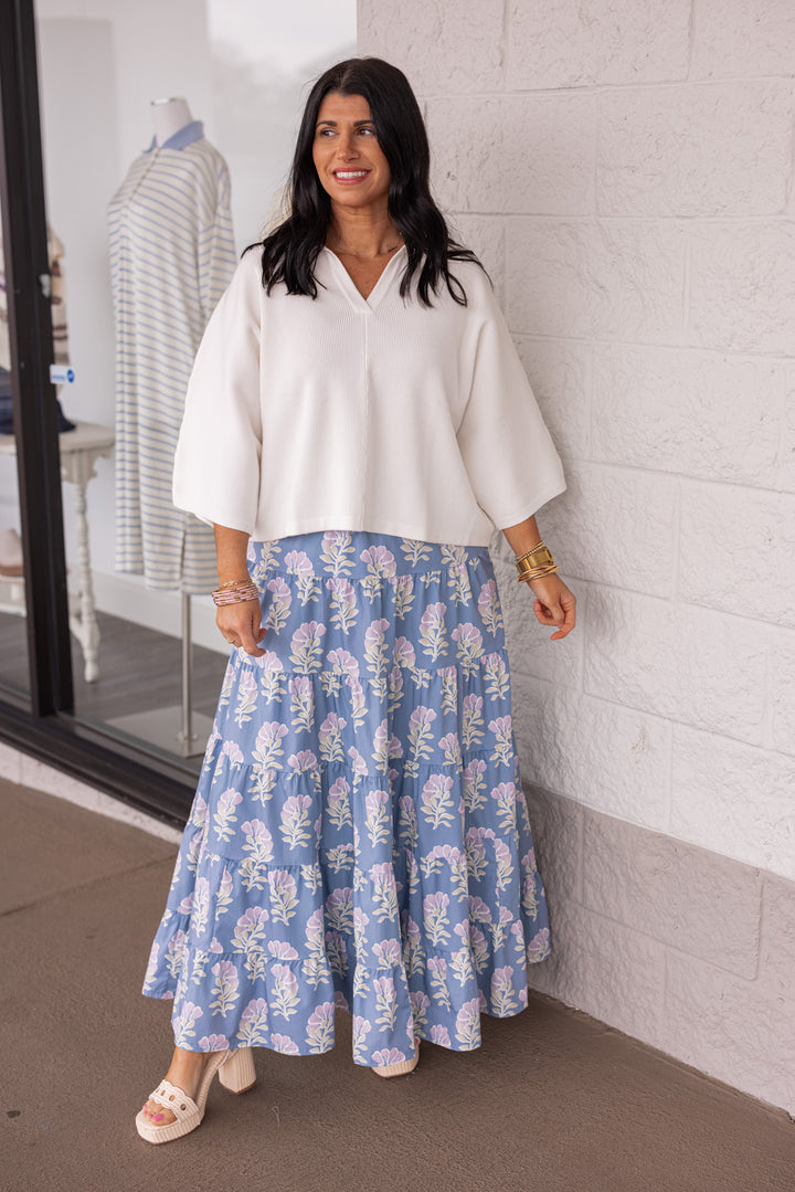 blue floral tiered maxi skirt with white ribbed top