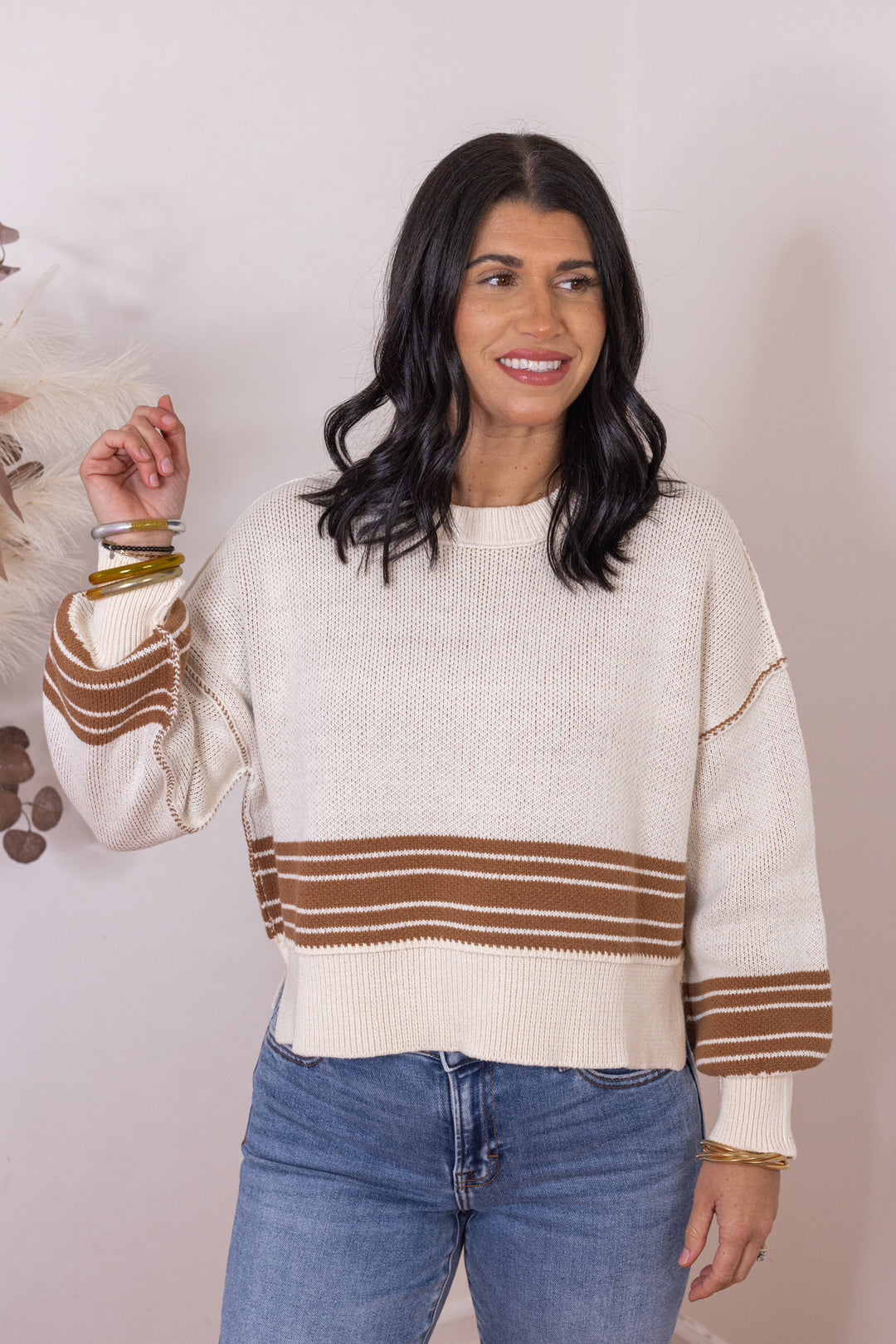 Women's cream knit boxy sweater top with inner caramel knit and caramel stripes by Idem Ditto showing up close front view