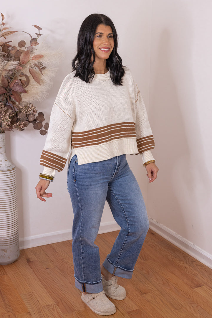 Women's cream knit boxy sweater top with inner caramel knit and caramel stripes by Idem Ditto showing full side view