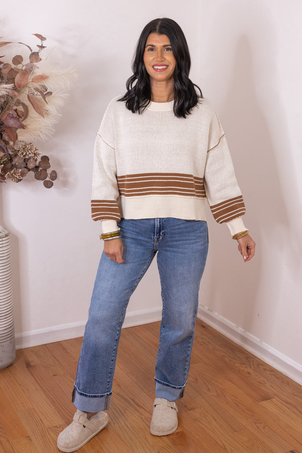 Women's cream knit boxy sweater top with inner caramel knit and caramel stripes by Idem Ditto showing full front view