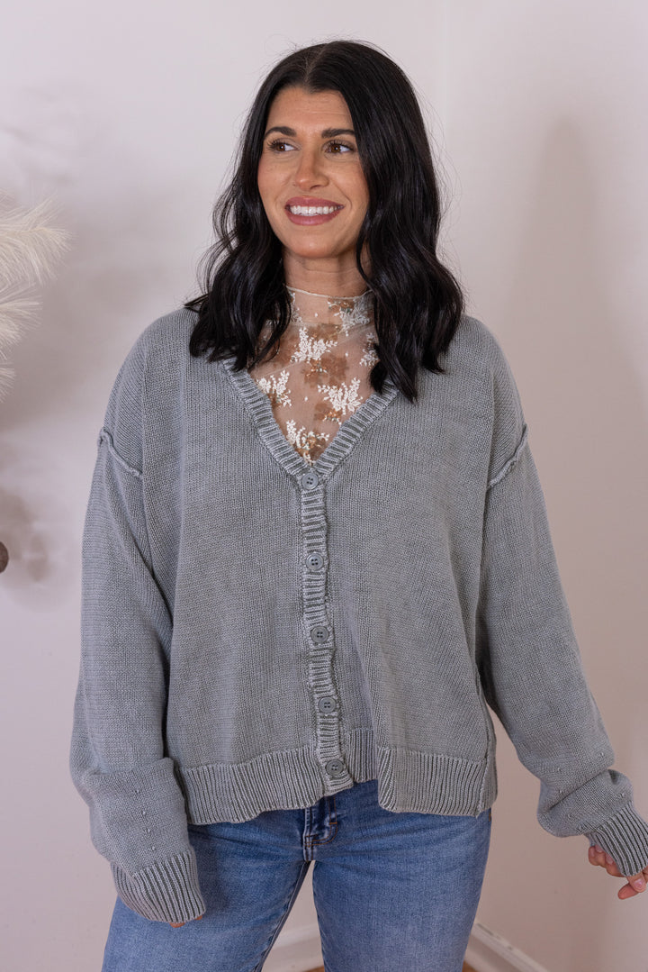 Women's washed olive green button front sweater knit cardigan by Bibi 