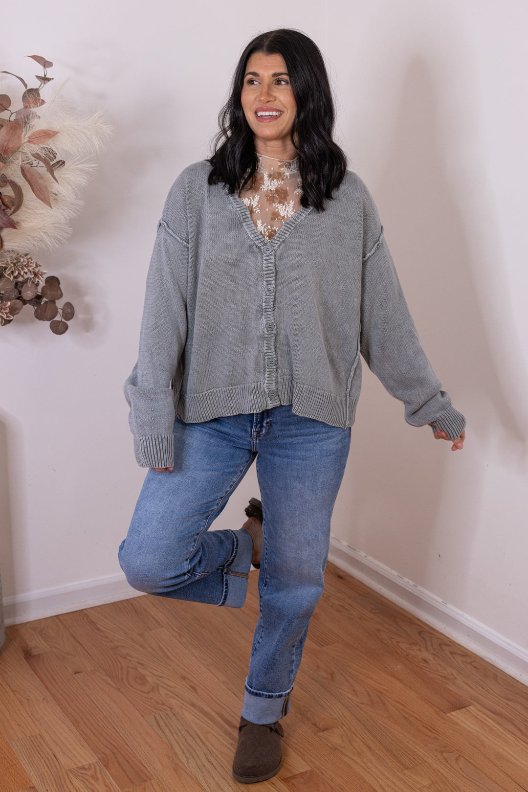 Women's washed olive green button front sweater knit cardigan, perfect for cooler weather