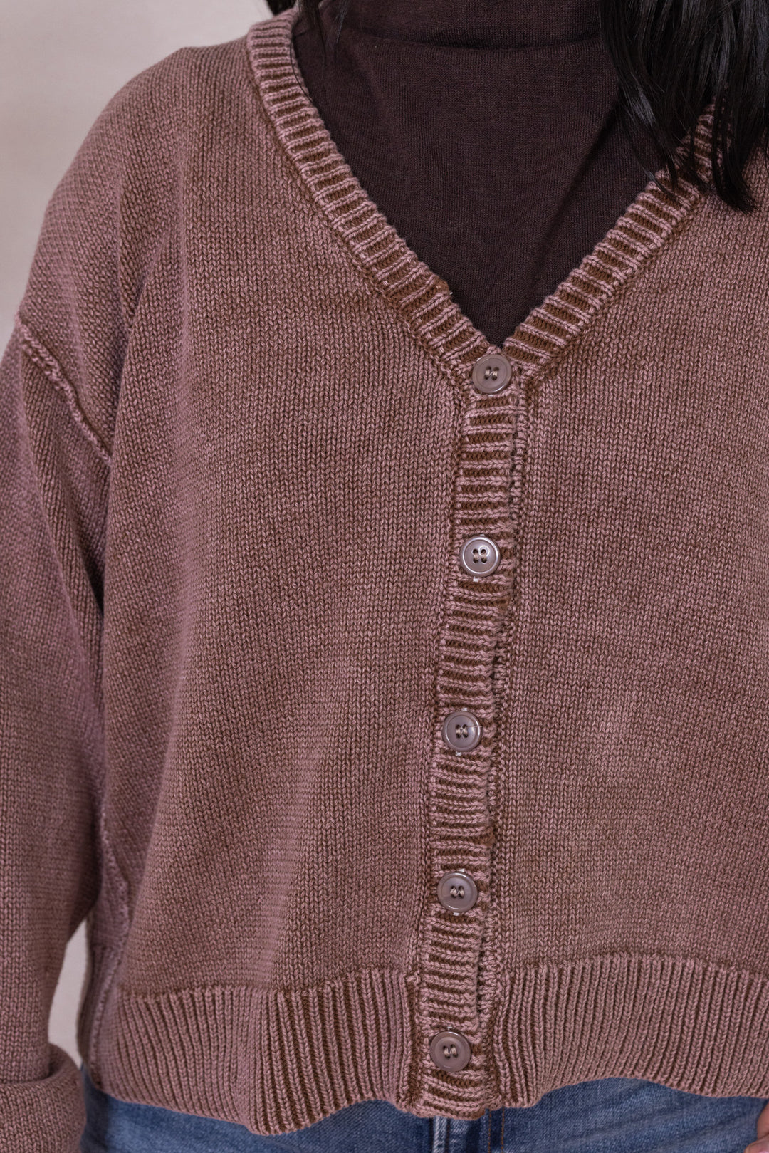 Women's washed mocha brown button front sweater knit cardigan by Bibi showing up close front view