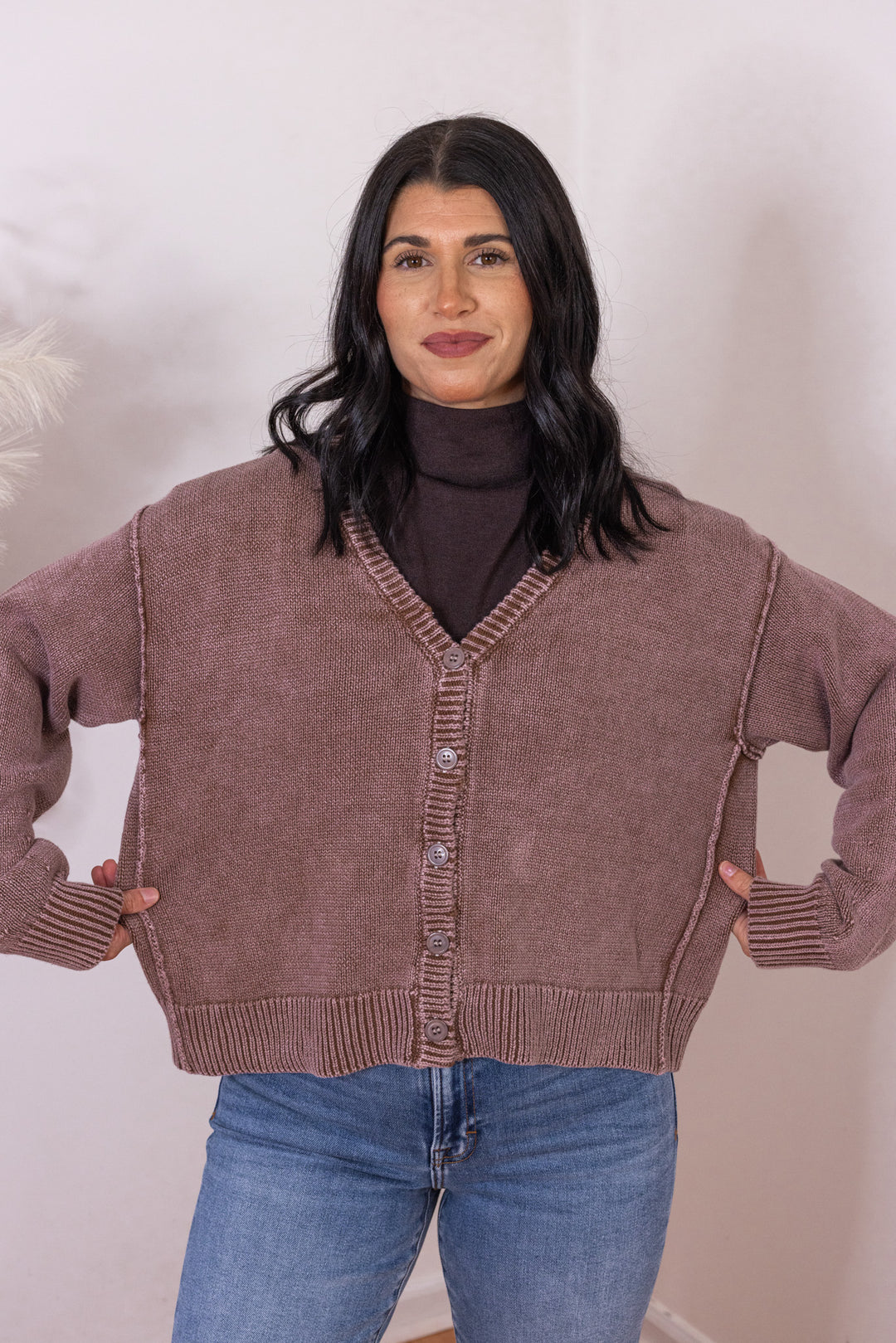 Women's washed mocha brown button front sweater knit cardigan by Bibi showing true to size fit