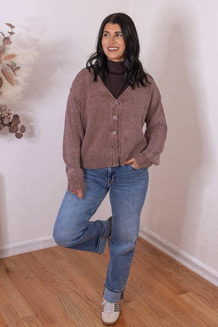 Women's washed mocha brown button front sweater knit cardigan by Bibi, perfect for cooler weather