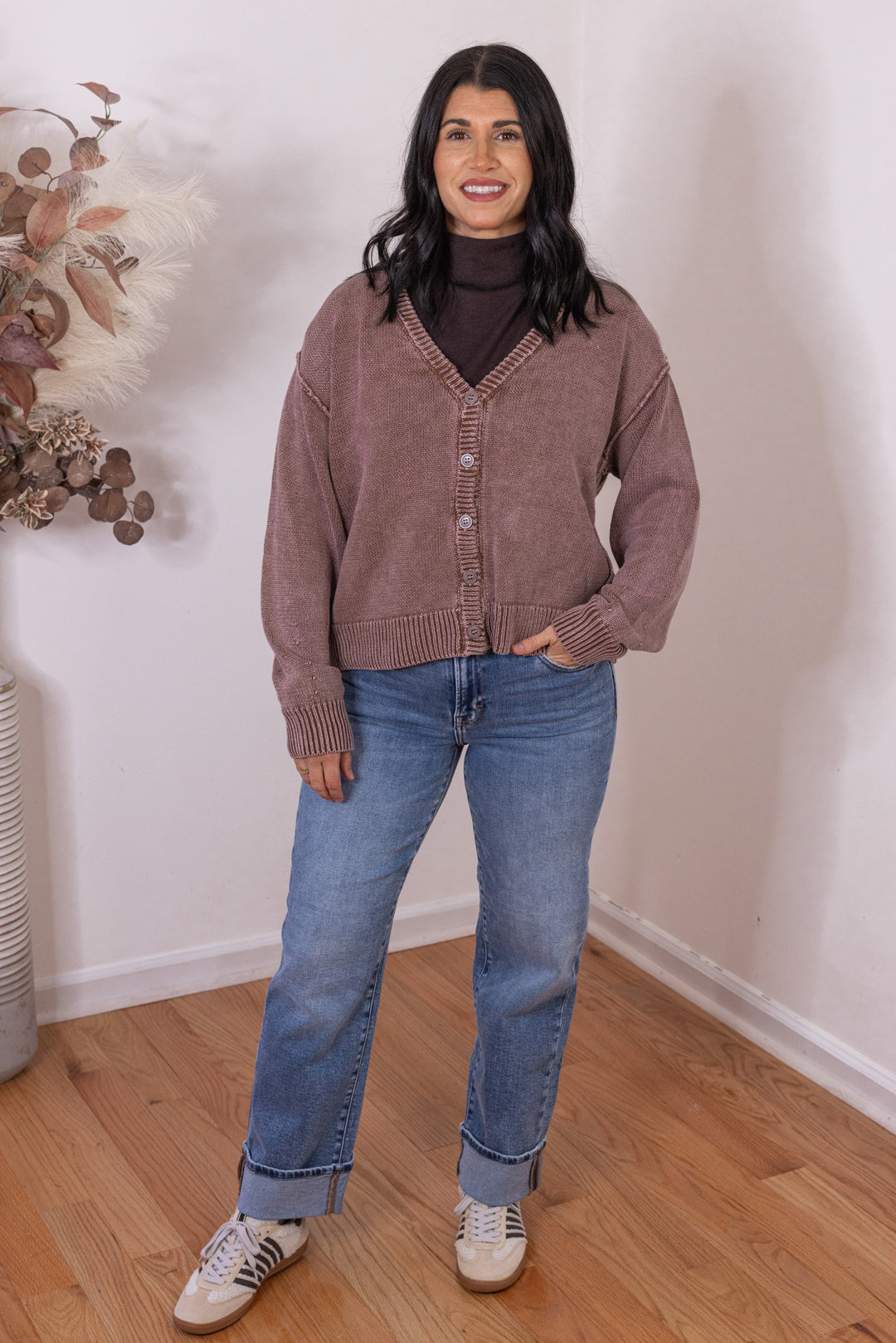 Women's washed mocha brown button front sweater knit cardigan by Bibi showing full front view