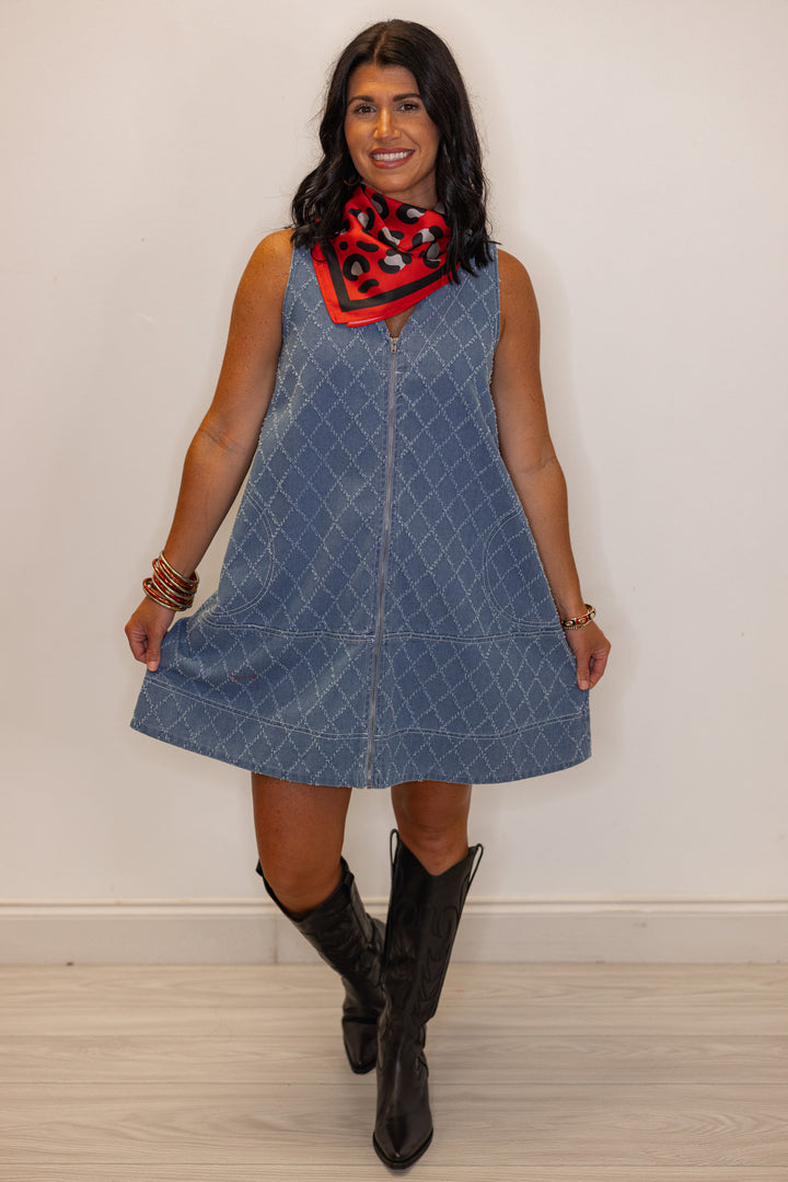 Trendy blue denim zip front dress with frayed diamond print by Entro, good fall transition dress for women