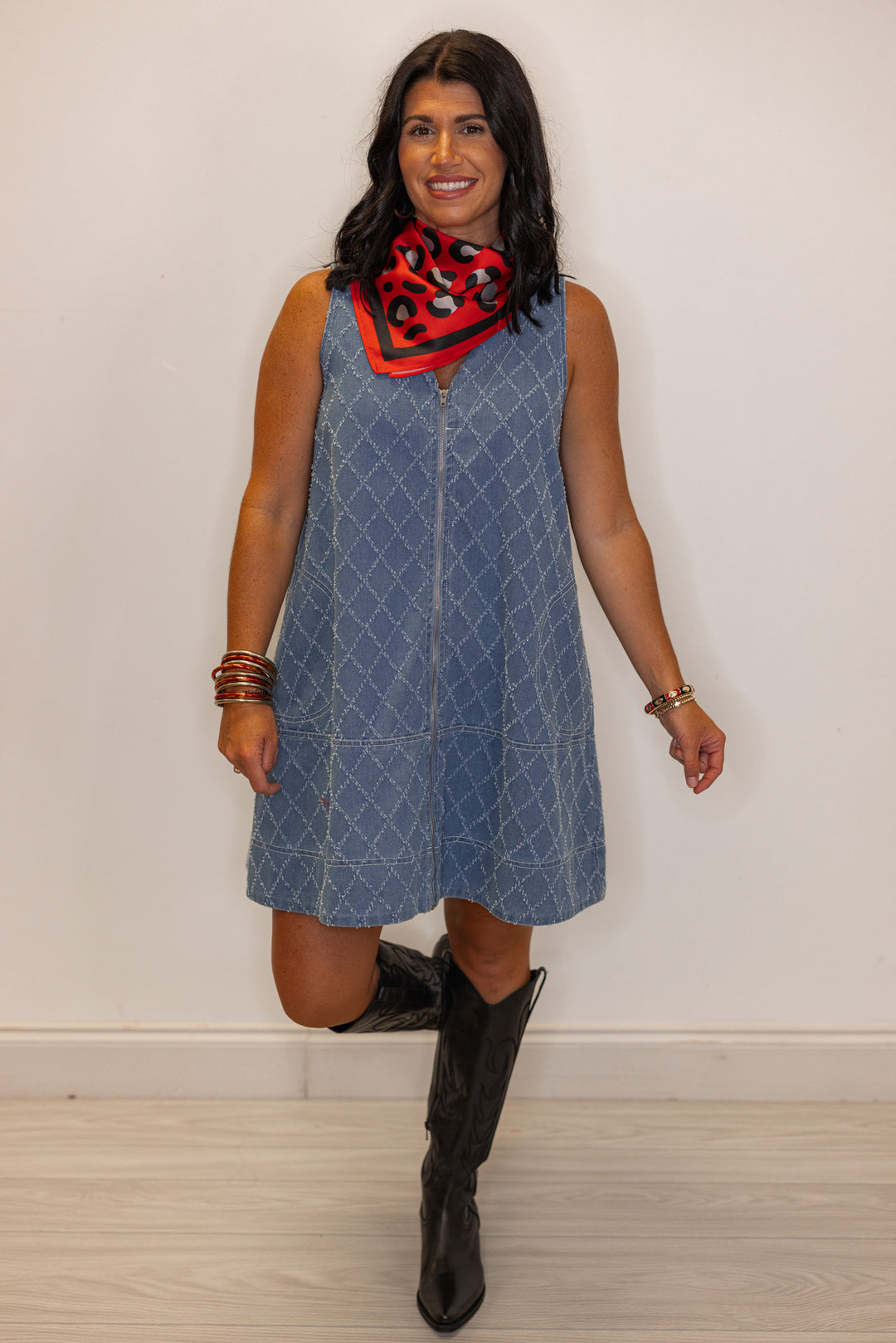 Womens trendy blue denim zip front dress with frayed diamond print by Entro, perfect for gamedays