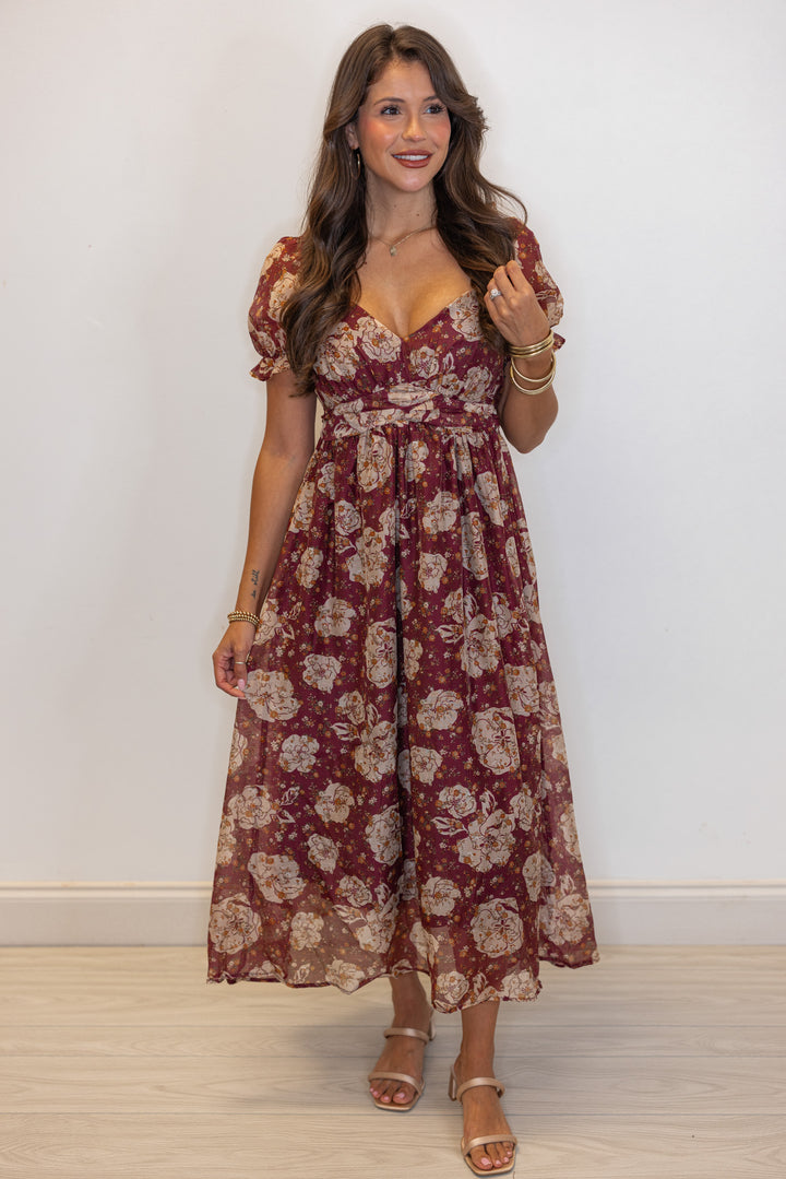 Floral Enchanted Burgundy Midi Dress