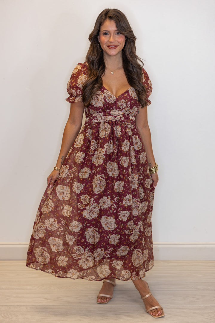 Floral Enchanted Burgundy Midi Dress
