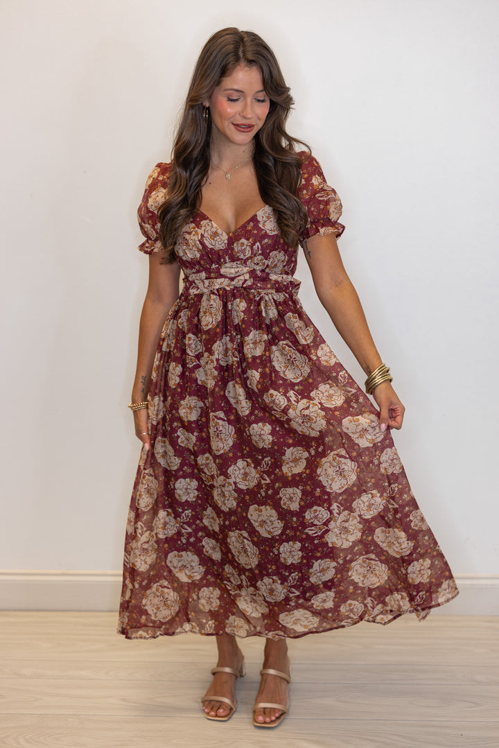 Floral Enchanted Burgundy Midi Dress