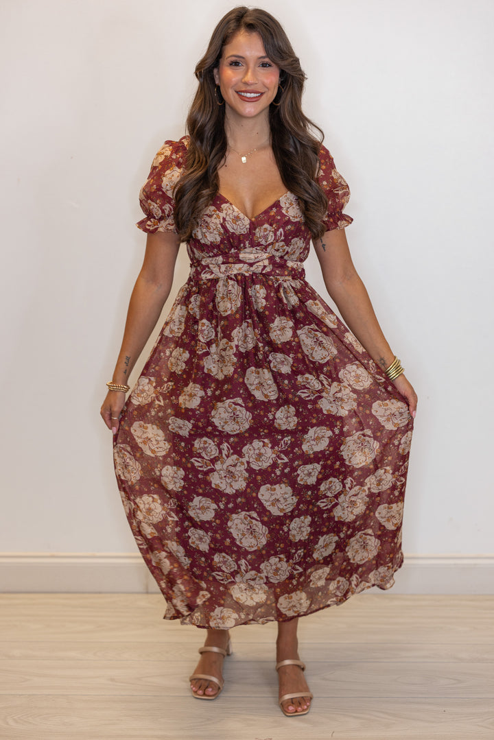 Floral Enchanted Burgundy Midi Dress