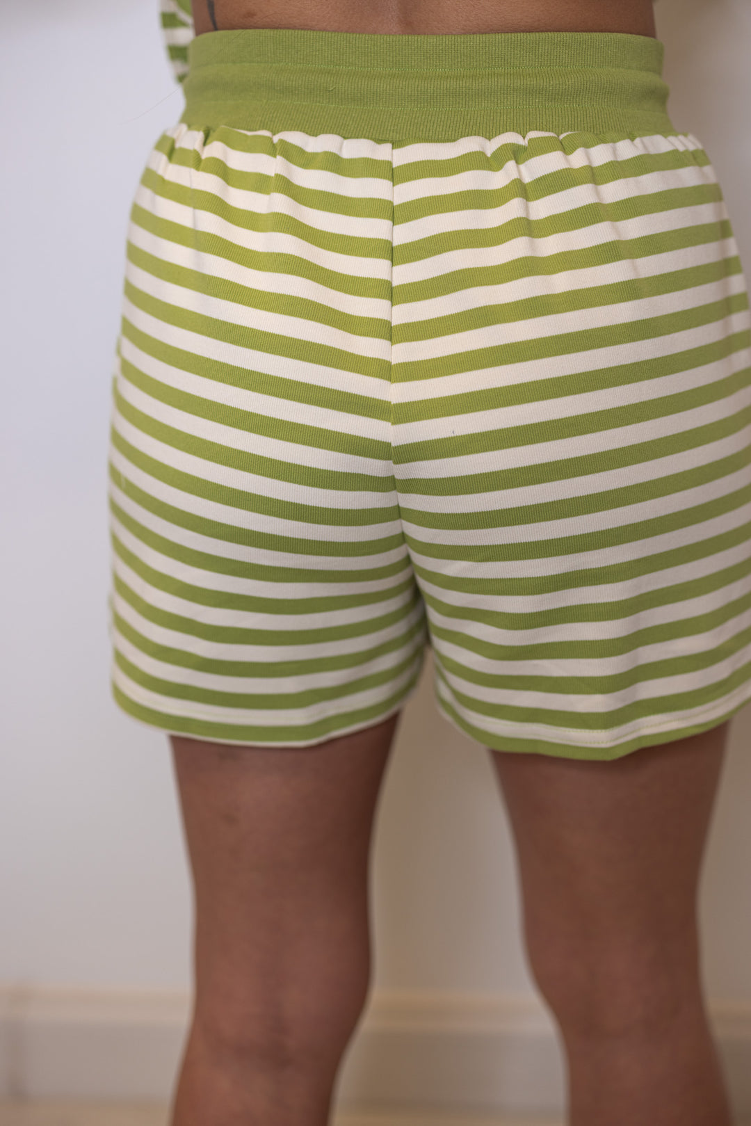 Women's ribbed knit shorts in matcha green and cream stripes by Entro with elastic waistband