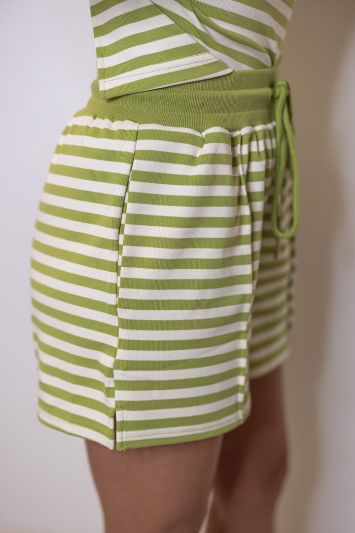 Women's ribbed knit shorts in matcha green and cream stripes by Entro showing up close side view