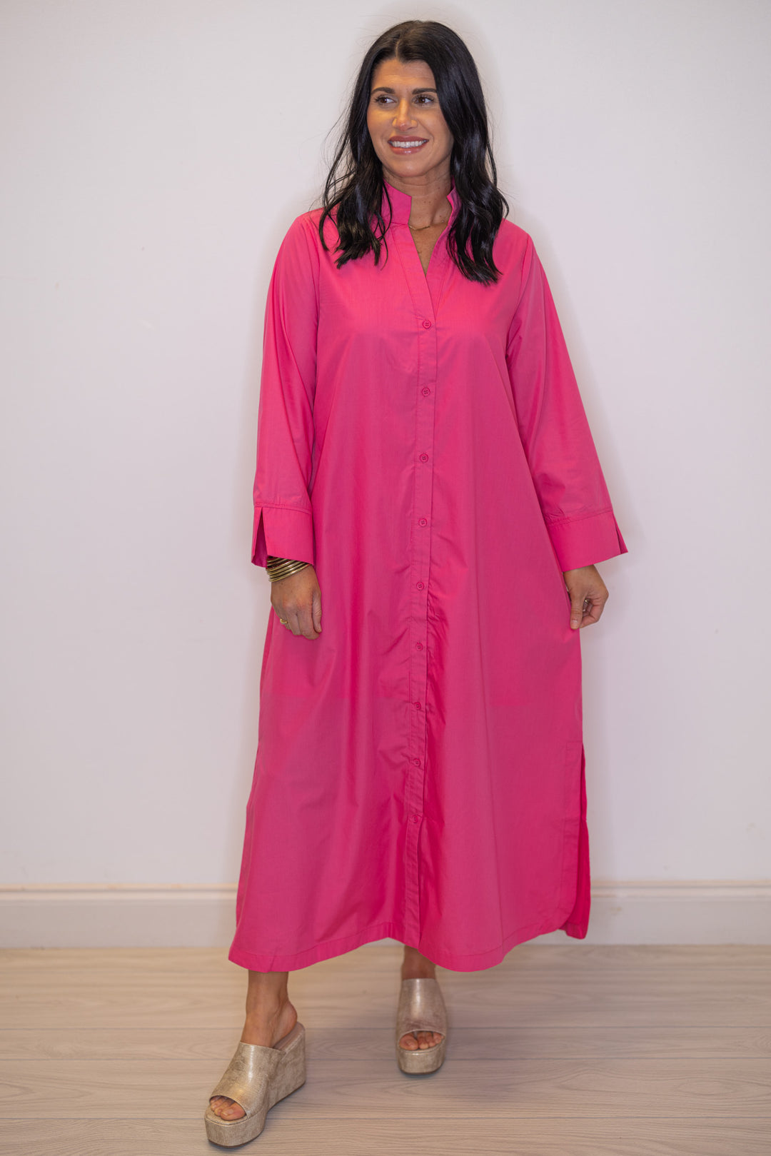trendy midi dresses Women's Pink Button Front Midi Dress With Side Slits Medium
