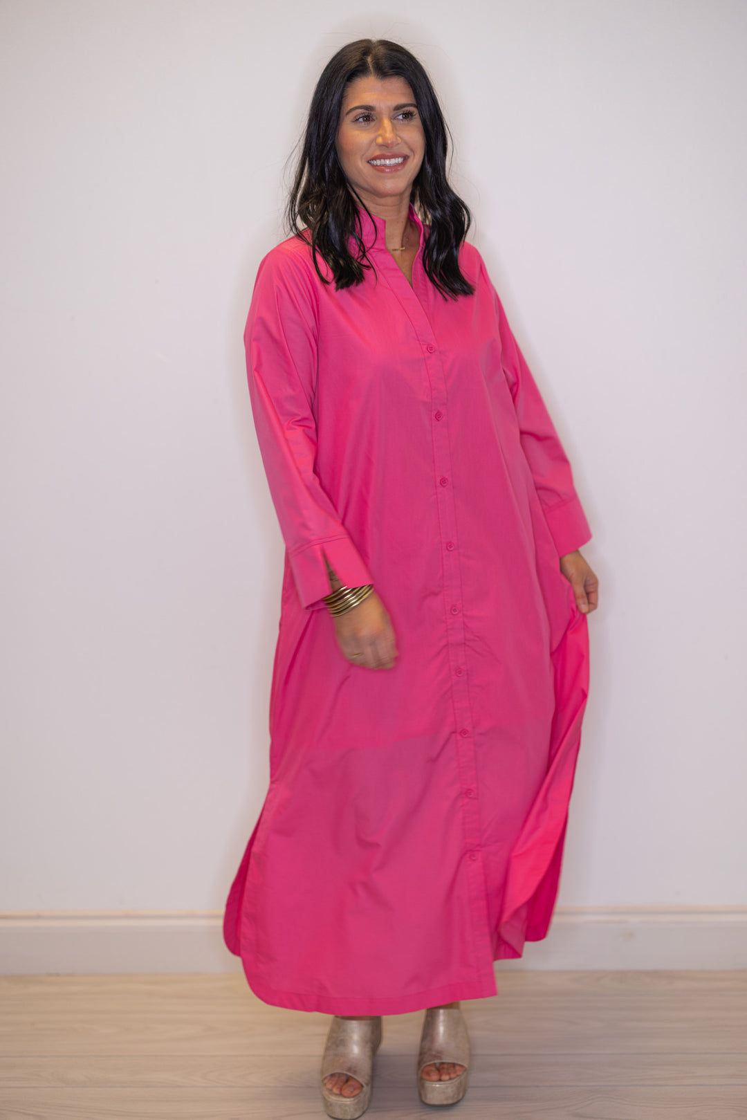 Women's pink button front midi dress by Entro, perfect for Valentines Day