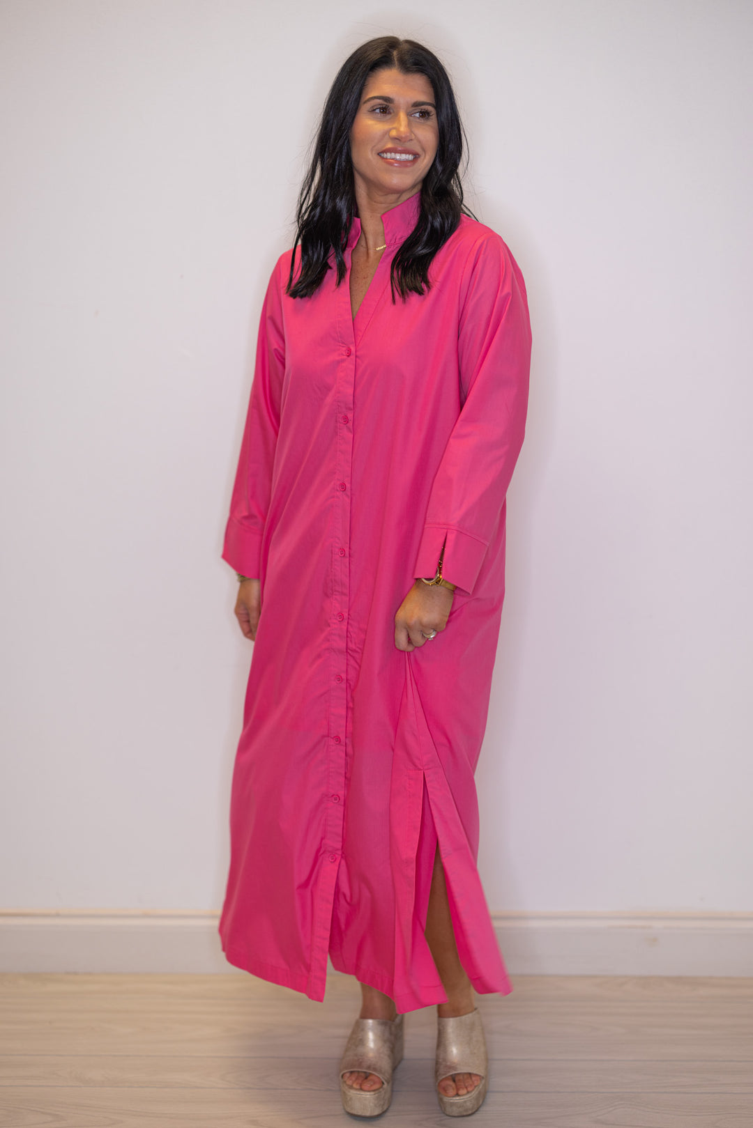 Women's Pink Button Front Midi Dress With Side Slits Purple Door Boutique Women's Pink Button Front Midi Dress With Side Slits Purple Door Boutique
