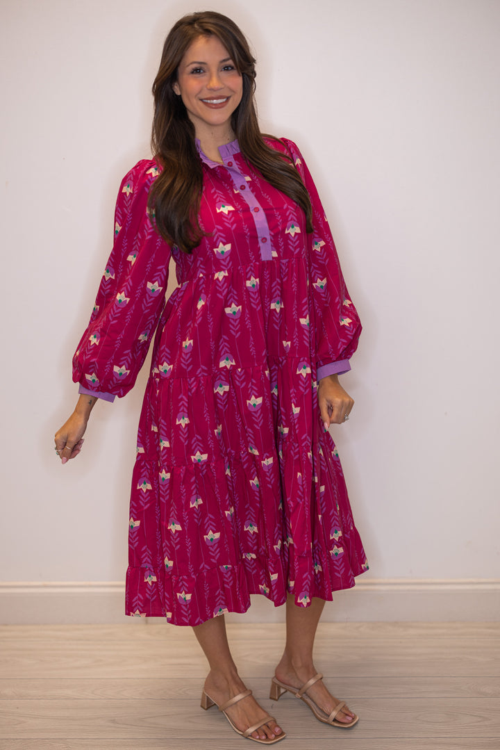 Women's magenta pink floral print tiered midi dress with button front bodice by Jodifl showing tiered skirt