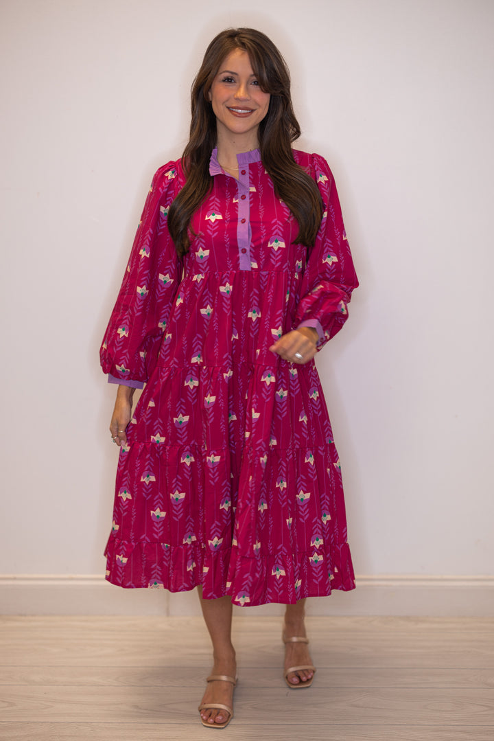 Women's magenta pink floral print tiered midi dress with button front bodice by Jodifl