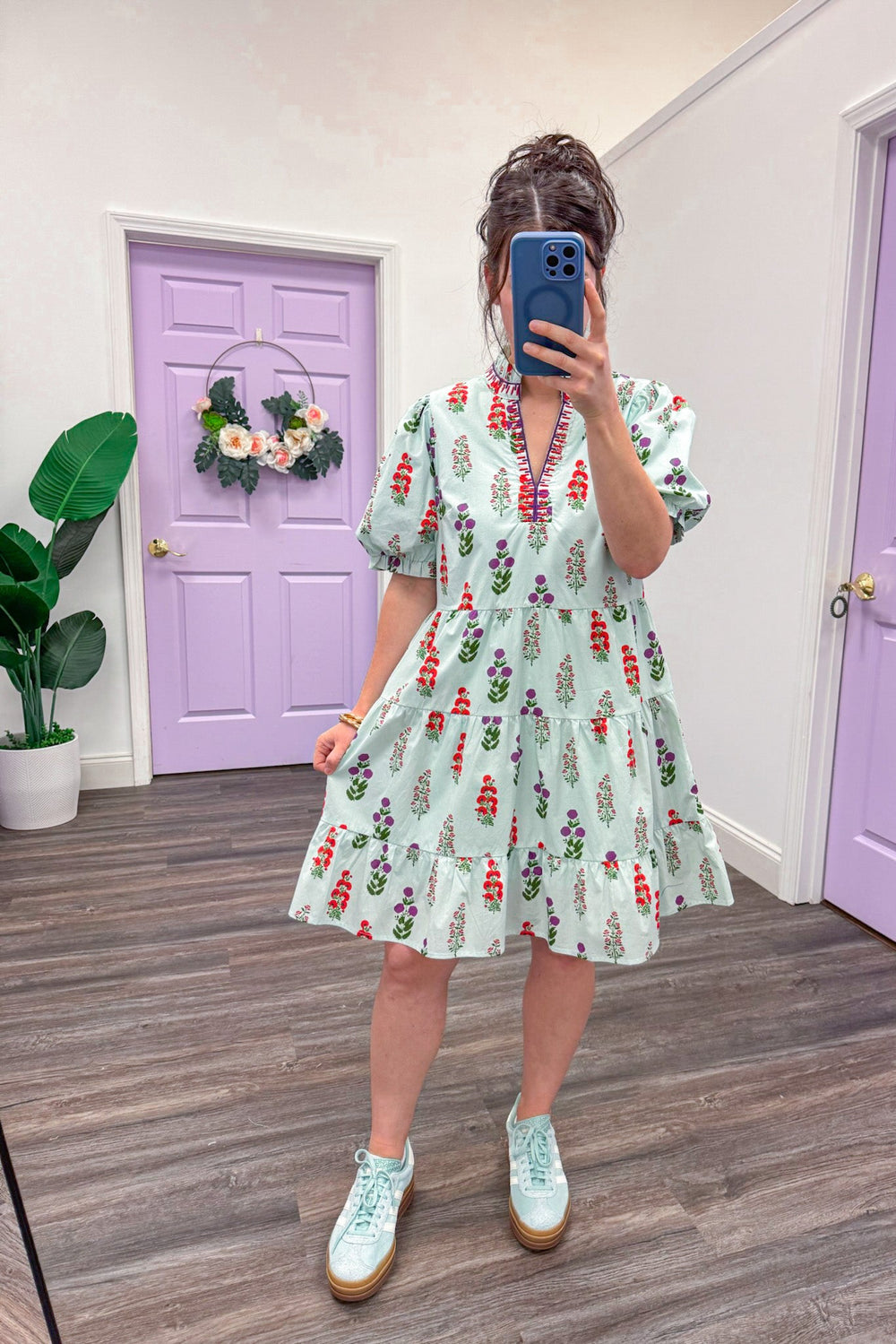 Women's trendy light mint poplin dress with purple and red florals 